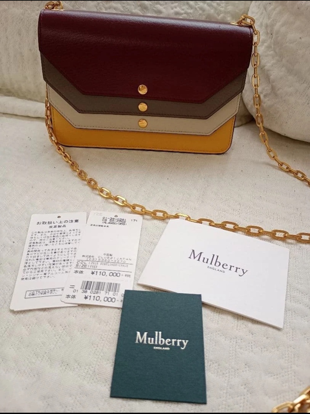 Mulberry Leather Colorblock Chain Crossbody in Burgundy, Olive, Mustard, Cream